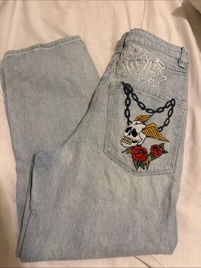 Ambush Light Wash Jeans with Embroidered Skull, Wings & Roses